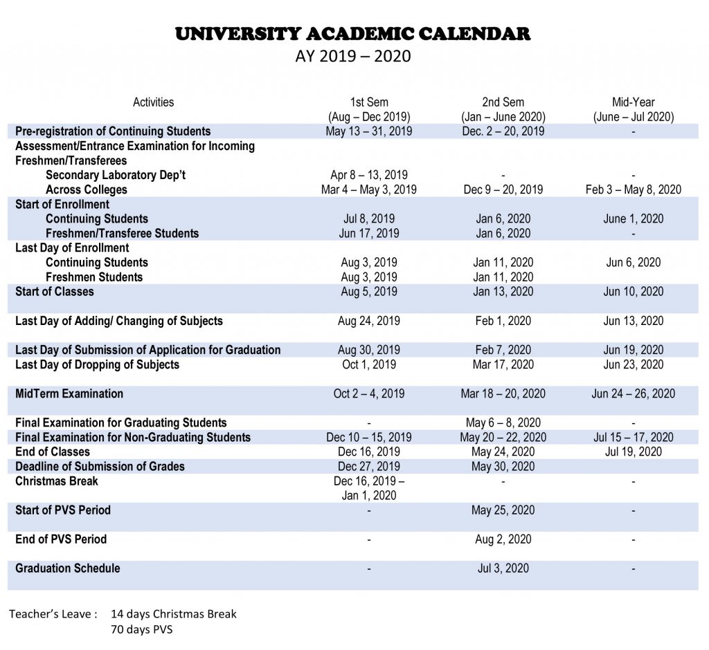 Calendar of Activities - AY 2019-2020