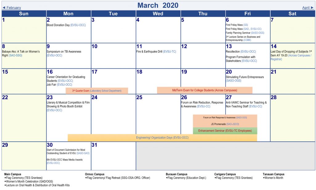 Calendar of Activities - AY 2019-2020 - March 2020