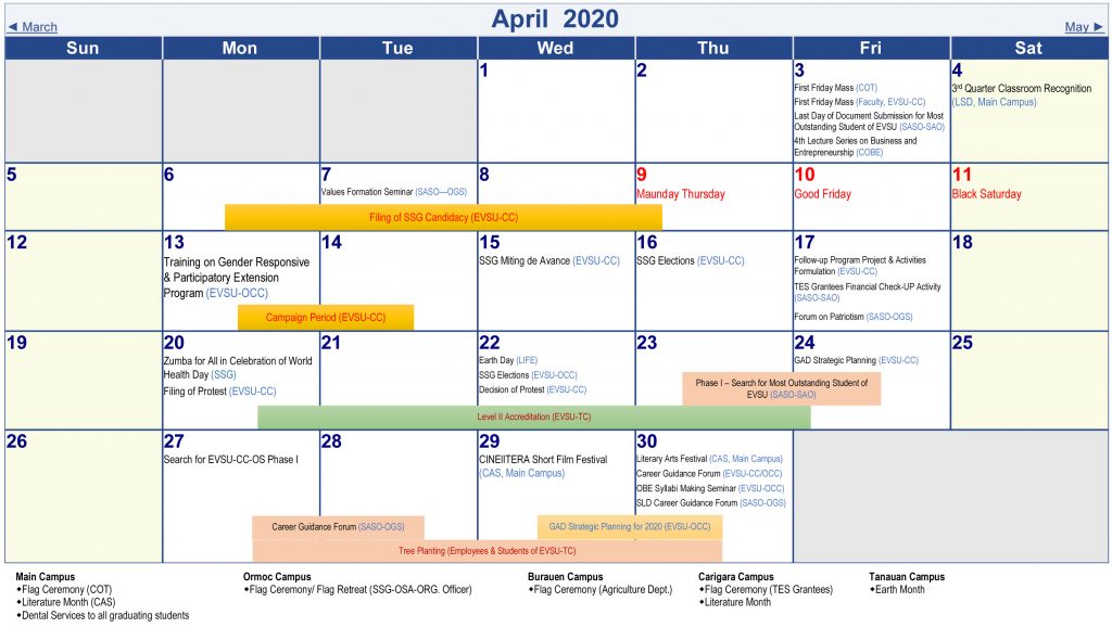 Calendar of Activities - AY 2019-2020 - April 2020