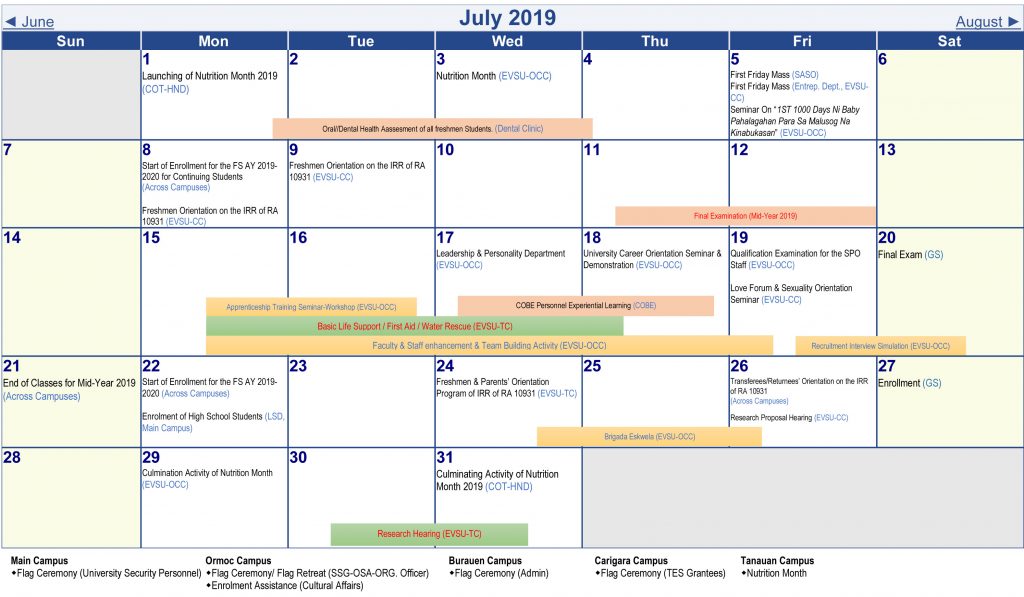 Calendar of Activities - AY 2019-2020 - July 2019