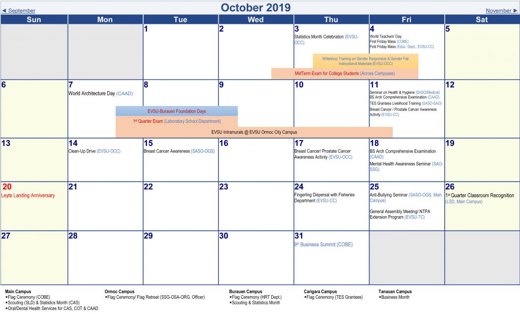 Calendar of Activities - AY 2019-2020 - October 2019